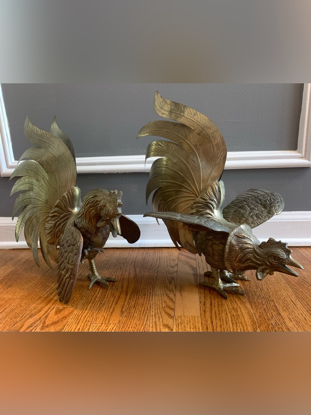 Set Of Bronze  Rooster Sculptures 14”  Vintage 60’s From Japan.